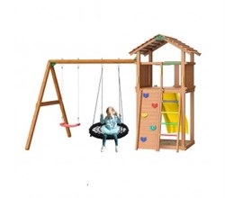 Детский городок Jungle Gym Jungle Cottage+SwingModule Xtra (с гнездом и качелей) + Rock Module - фото 89828