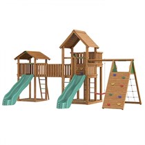 Детский городок Jungle Gym Jungle Palace + Jungle Cottage + Bridge Link (жесткий мост) + Climb Module